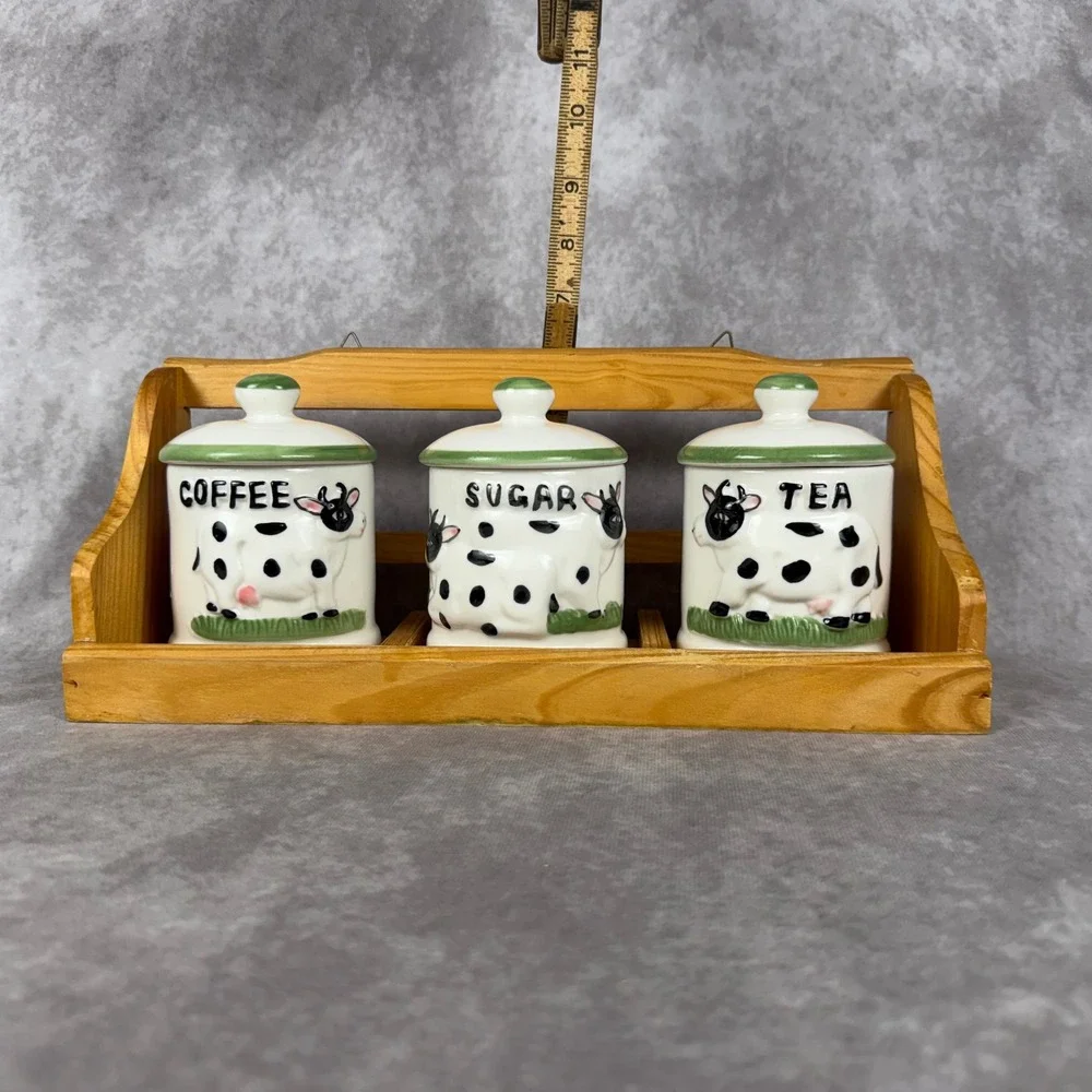 Vtg Casdia Ceramic Cow Canister Set 4Pc Wood Hanging Rack Coffee Sugar Tea Farm